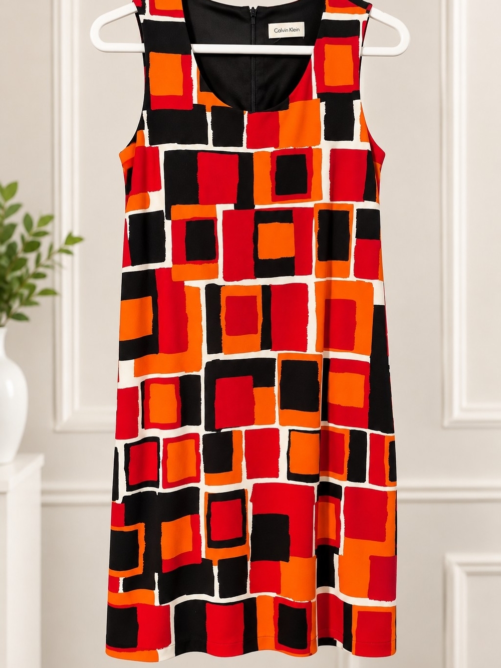 Calvin Klein Red, Orange & Black Geometric Shift Dress